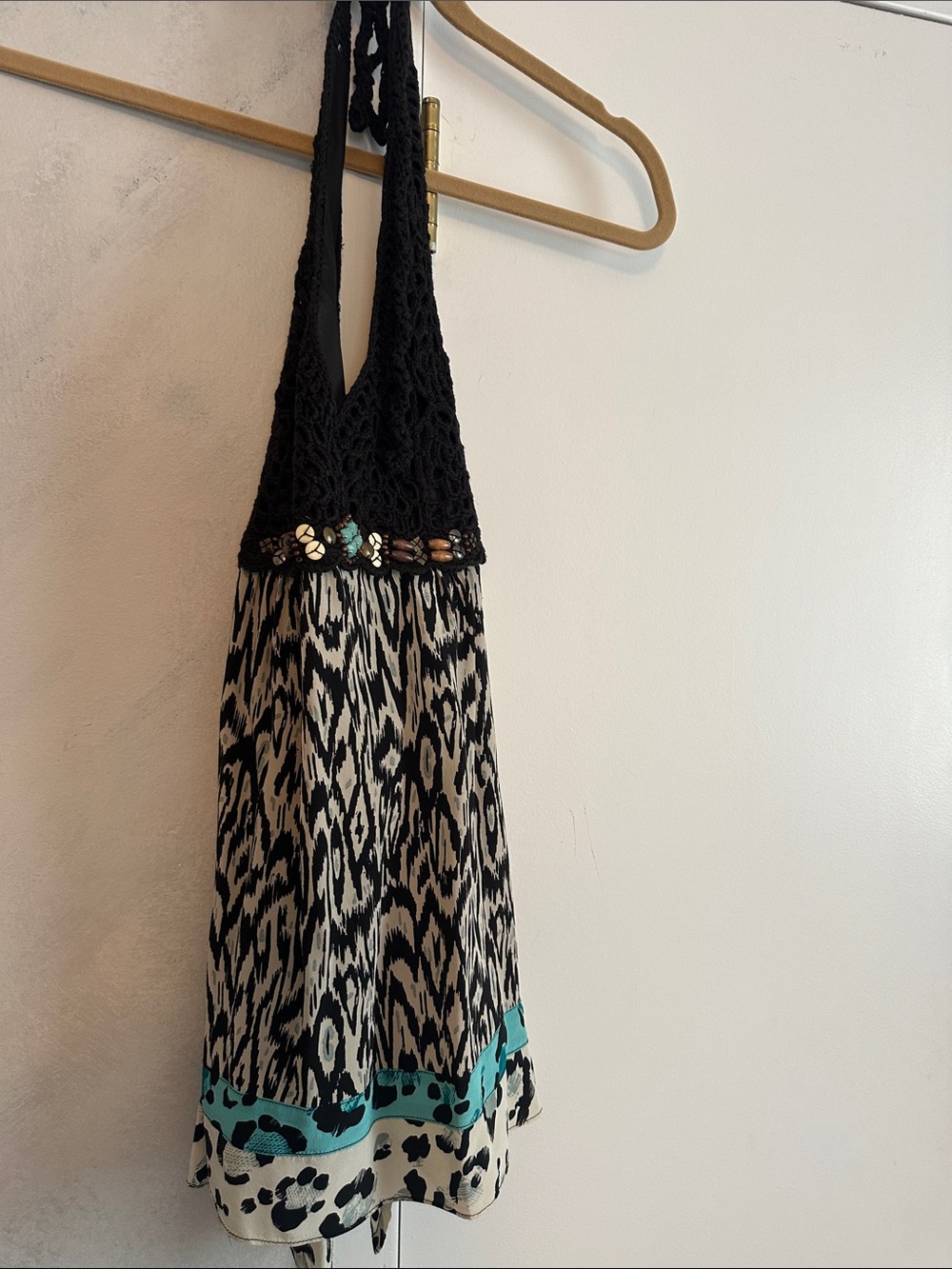 Crochet Halter top with Black, Ivory & Turquoise Accents